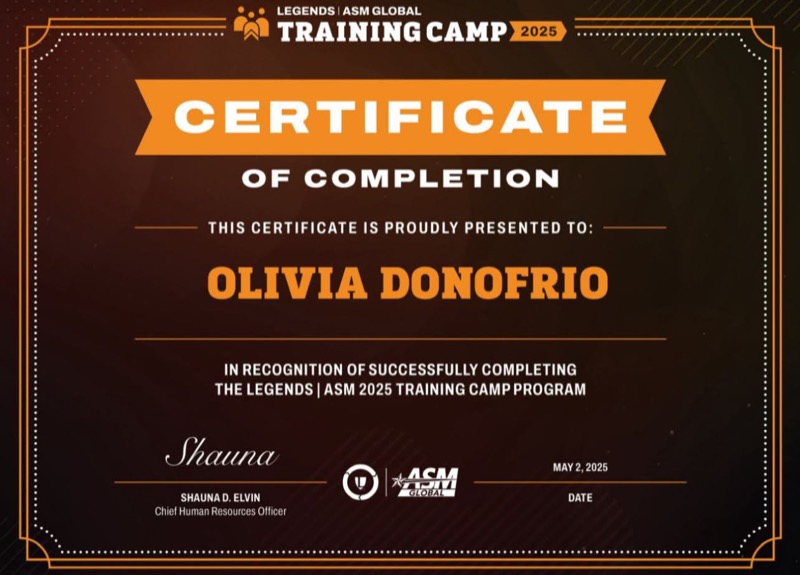 Legends/ASM Global Training Camp Certificate